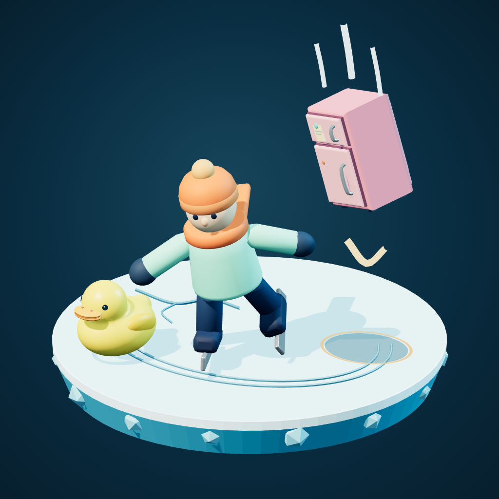 A skater and a yellow duck on a small ice circle, with a pink fridge falling from above.